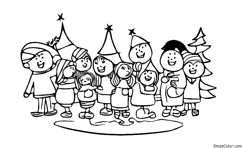 Navidad / Alegría al Mundo: Un grupo de personas cantando alegremente alrededor de un árbol de Navidad