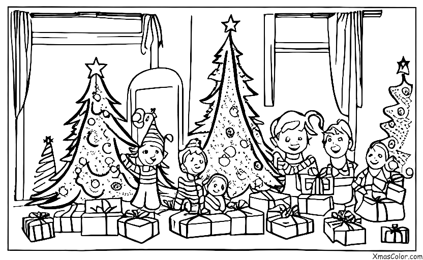Navidad / Alegría al Mundo: Una familia abriendo regalos en la mañana de Navidad
