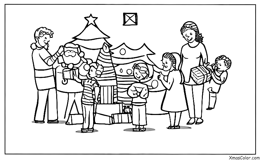Navidad / Alegría: Una familia reunida alrededor del árbol de Navidad