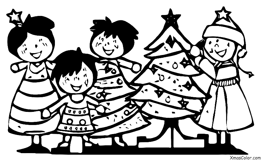 Navidad / Amigos: 5 amigos decorando un árbol de Navidad