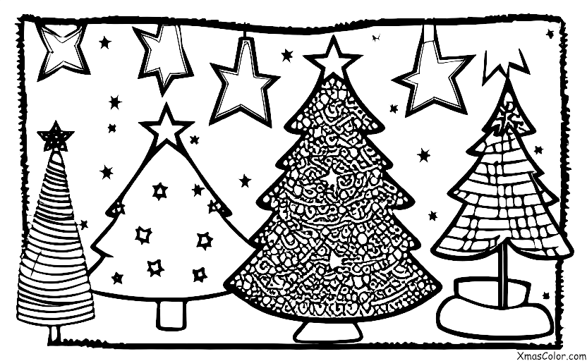 Navidad / Árboles de Navidad: Un árbol de Navidad decorado con luces, adornos y una estrella en la parte superior