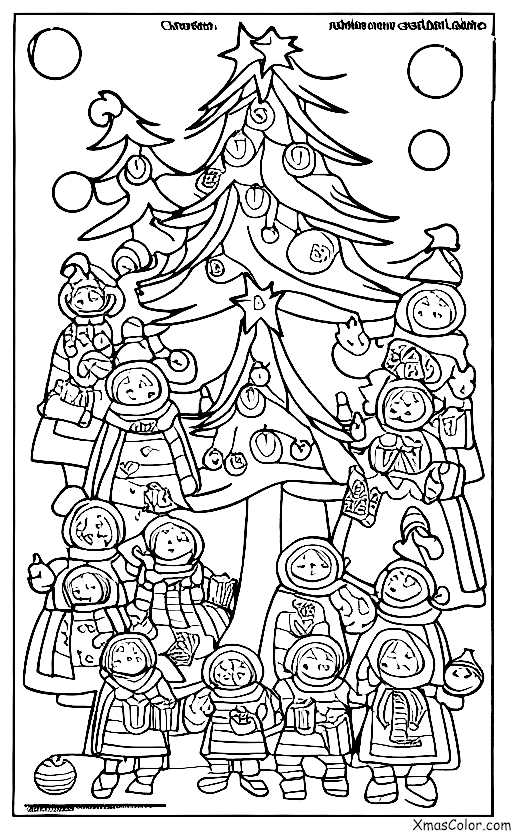 Navidad / Árboles de Navidad: Un grupo de coros cantando a torno a un árbol de Navidad