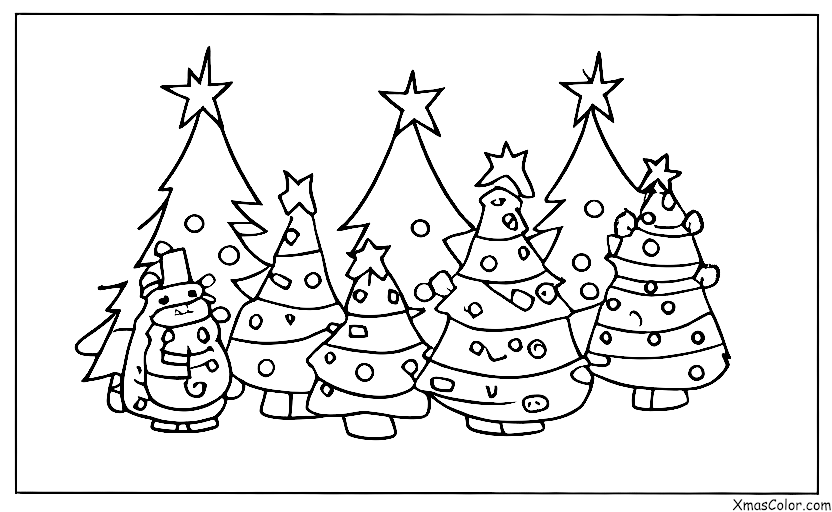 Navidad / Árboles de Navidad: Una familia de zorros sentados frente a un árbol de Navidad