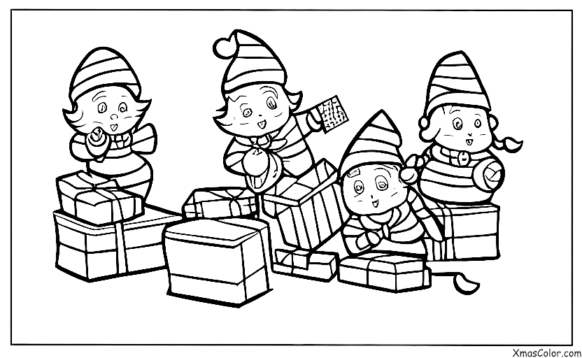 Navidad / Ayudantes de Santa: Elfos de Santa Empacando Regalos