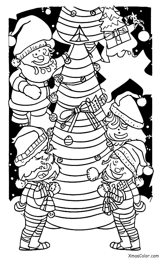 Navidad / Ayudantes de Santa: Los elfos de Santa decorando el árbol de Navidad