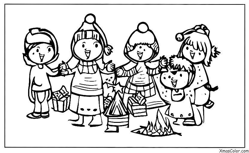 Navidad / Bailarín: Un grupo de personas reunidas alrededor de una fogata, cantando y bailando