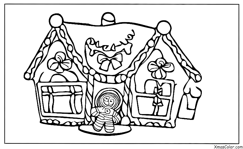 Navidad / Casas de jengibre de Navidad: Una casa de galletas con un hombre de galletas en el jardín
