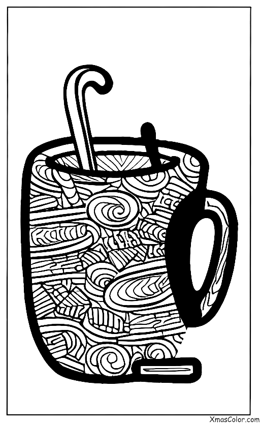 Navidad / Chocolate Caliente: Una taza de chocolate caliente con una varita de caramelo