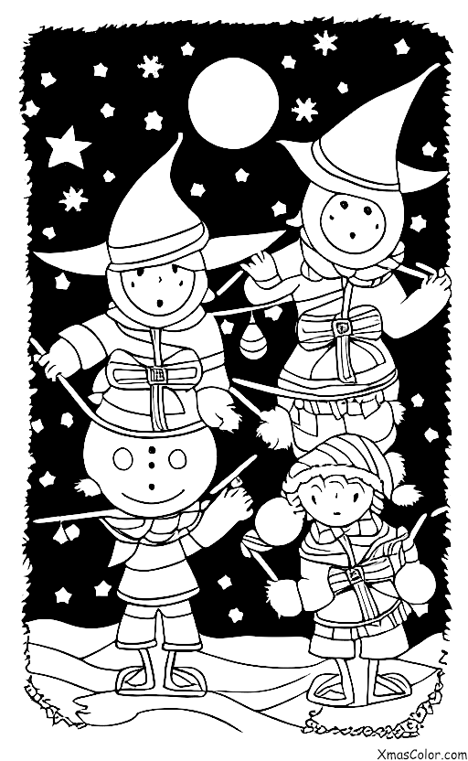 Navidad / ЏЏЏЏЏЏ: Two Christmas elves flying on a broomstick at night