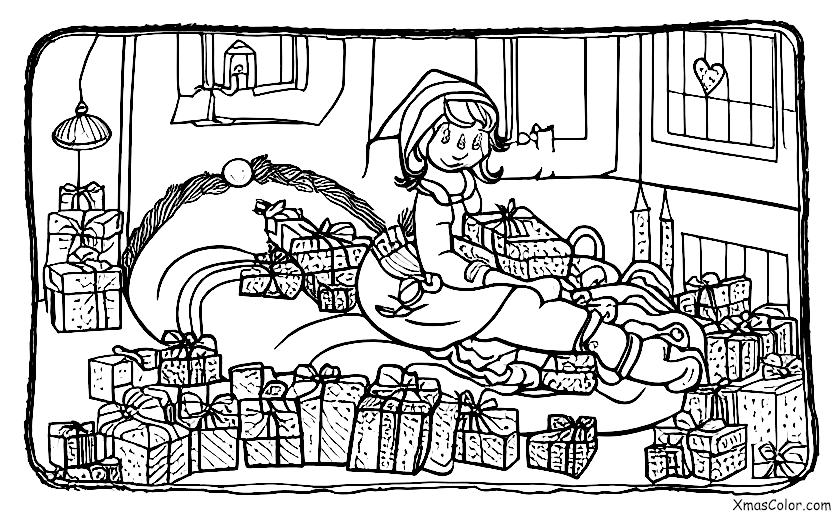 Navidad / ЏЏЏЏЏЏ: Un duende de Navidad durmiendo en una cama de regalos