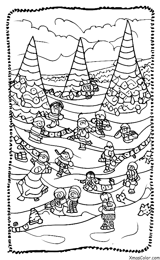 Navidad / Clima Invernal: Una escena de niños patinando por una colina