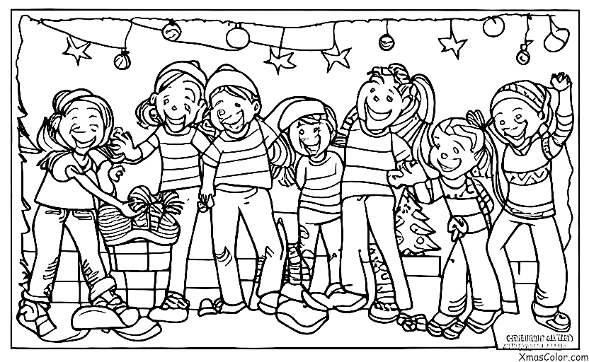 Navidad / Colocar luces de Navidad: Un grupo de amigos está colgando luces de Navidad juntos