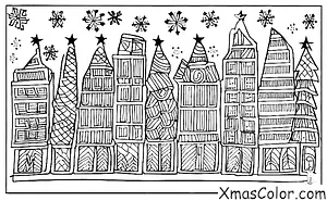 Navidad / Copos de nieve: Un copo de nieve cayendo en un paisaje urbano