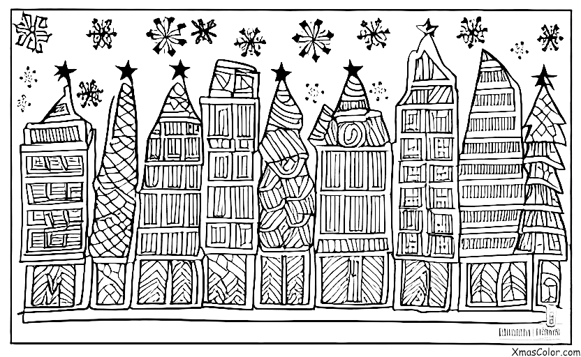 Navidad / Copos de nieve: Un copo de nieve cayendo en un paisaje urbano