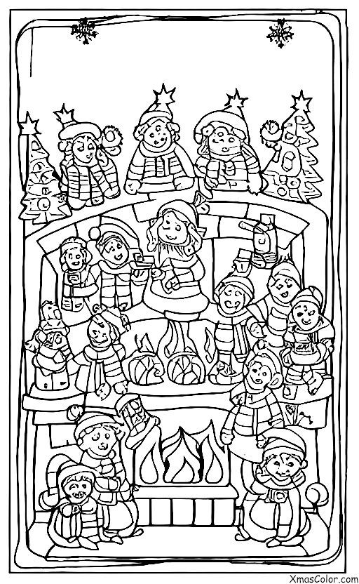 Navidad / Coristas de Navidad: Coristas navideños cantando frente a una chimenea