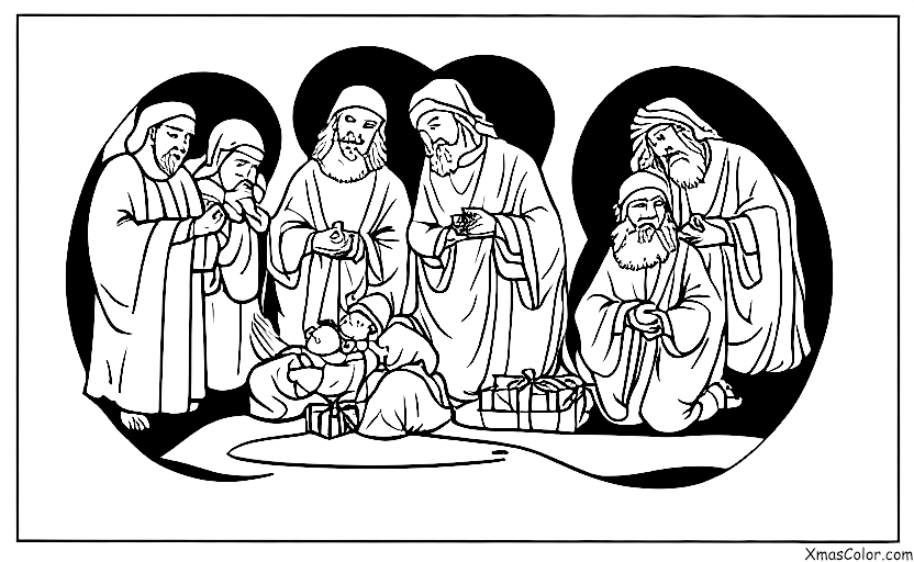 Navidad / Cumpleaños de Jesús: Los tres reyes magos presentando regalos a Jesús