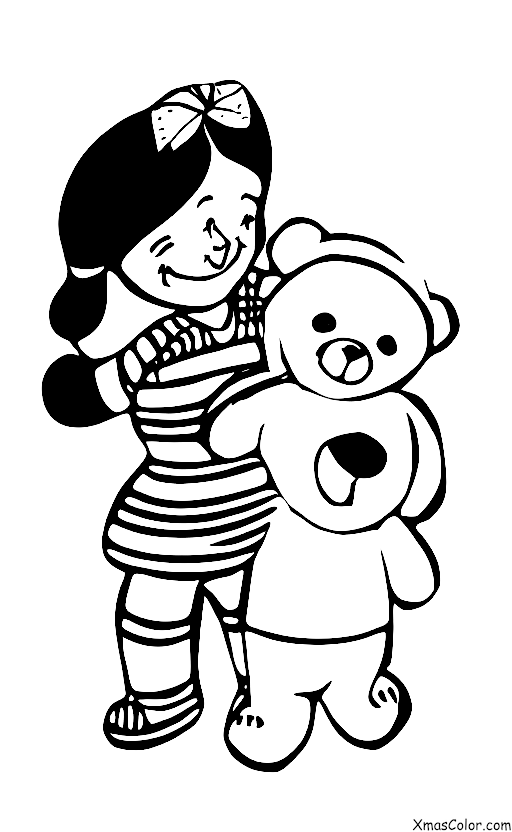 Navidad / Dar: Una chica que le da un oso de peluche a su hermano pequeño