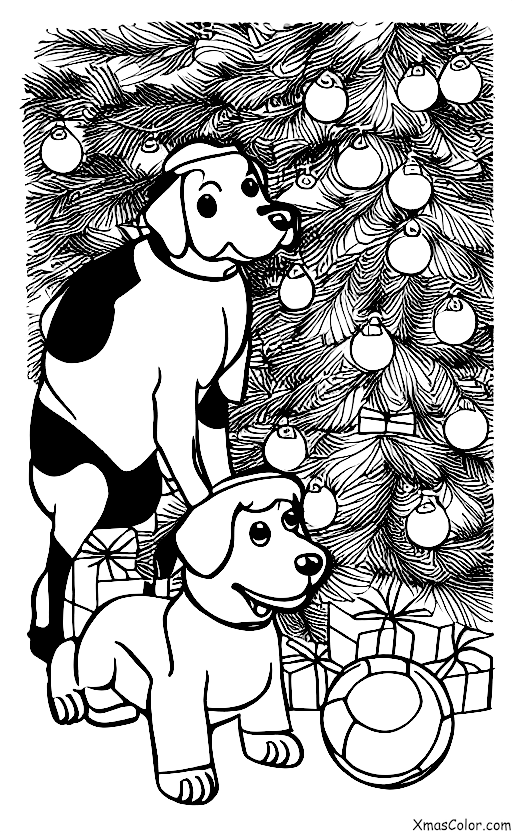 Navidad / Decoración de árboles de Navidad: Un perro que juega bajo el árbol de Navidad