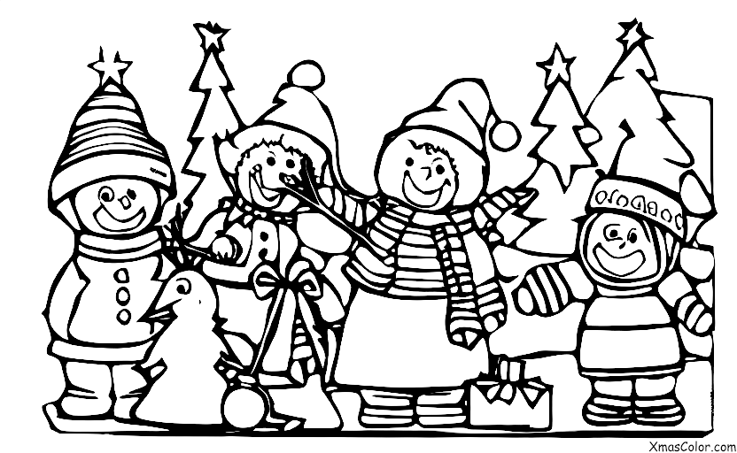 Navidad / Día de San Nicolás: Un grupo de niños construyendo un muñeco de nieve
