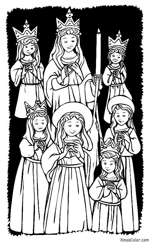 Navidad / Día de Santa Lucía: St. Lucia y sus acompañantes llevando velas