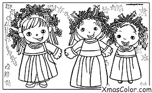 Navidad / Día de Santa Lucía: Una chica y un chico vestidos de blanco con un collar de velas en la cabeza