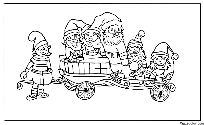 Navidad / El trineo de Santa: Santa y sus duendes cargando la trineo
