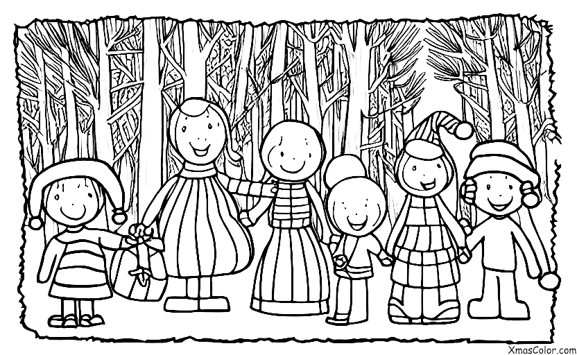 Navidad / Elegir y Cortar un Árbol de Navidad: Una familia está eligiendo un árbol de Navidad en el bosque