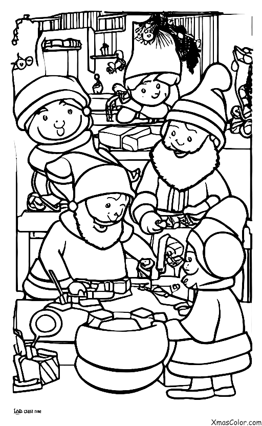 Navidad / Elfos de Santa: Hoja para colorear de niños de los elfos de Santa haciendo juguetes en el taller