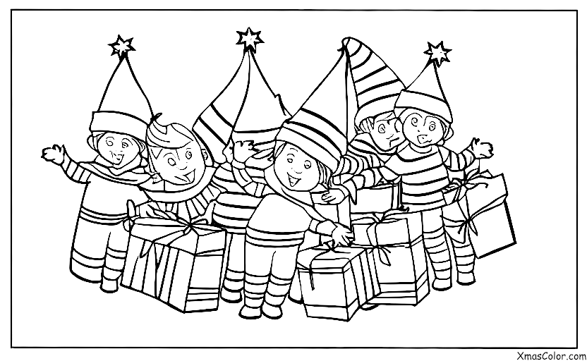 Navidad / Elfos de Santa: Los elfos de Santa envueltos en un gran fardo de regalos