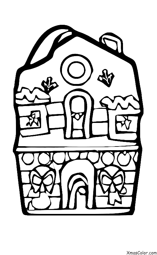 Navidad / Elfos de Santa: Página para colorear de los duendes de Santa haciendo casas de jengibre