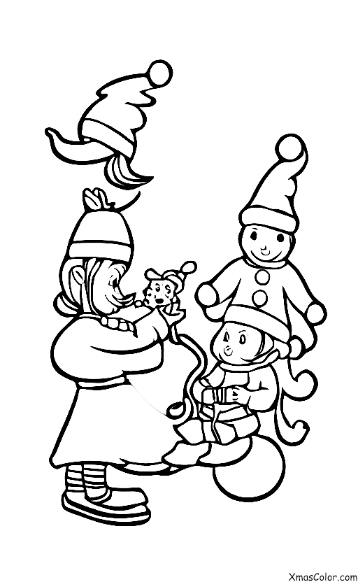 Navidad / Elfos de Santa: Página para colorear de los niños que muestra a los duendes de Santa cuidando a los renos