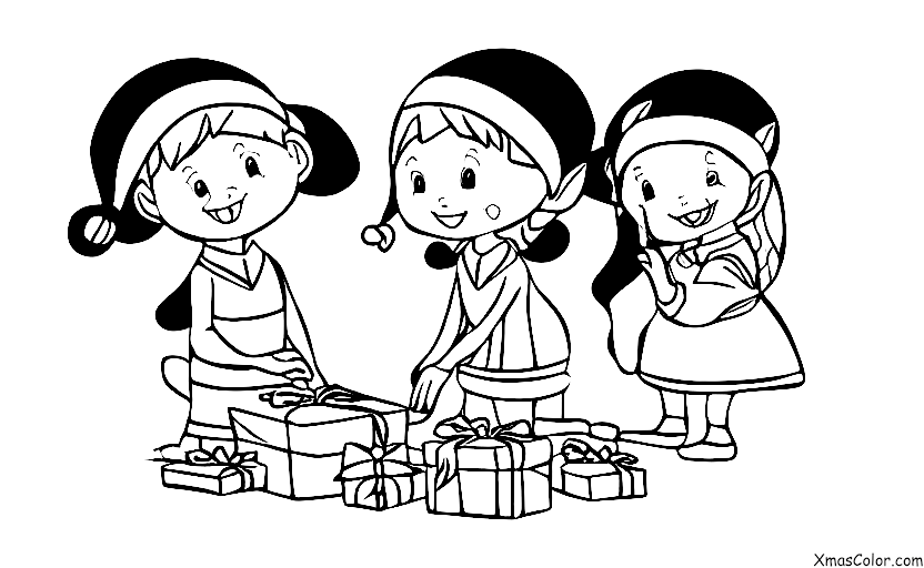 Navidad / Empaquetando regalos de Navidad: elfos envuelven un regalo de Navidad