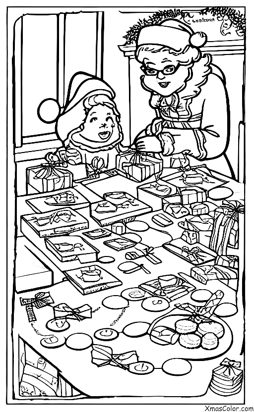Navidad / Empaquetando regalos de Navidad: Mrs. Claus empacando regalos
