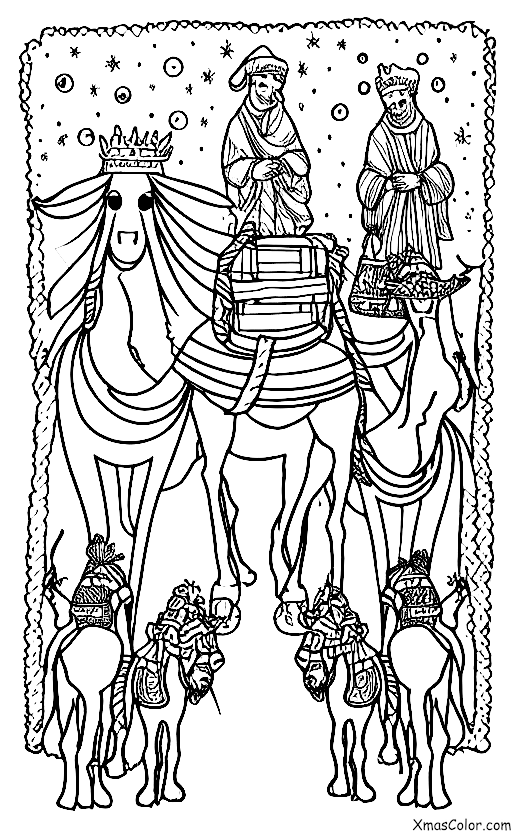 Navidad / Epifanía: Los Tres Reyes montados en sus camellos de camino a casa