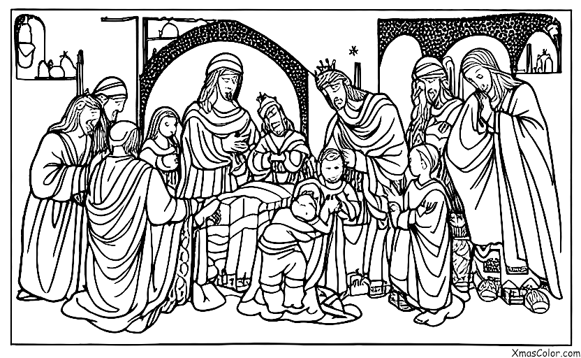 Navidad / Epifanía: Los Tres Reyes presentando sus regalos al niño Jesús