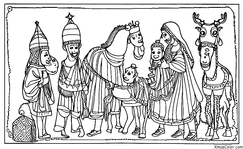 Navidad / Epifanía: Tres Reyes Magos en sus camellos viajando para encontrar al niño Jesús