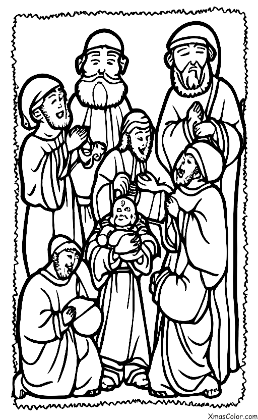 Navidad / Escena de Belén: Los tres reyes magos dando regalos al niño Jesús