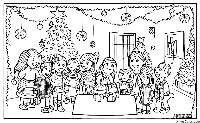 Navidad / Espíritu de Navidad: Una familia reunida alrededor del árbol de Navidad sonriendo y riendo
