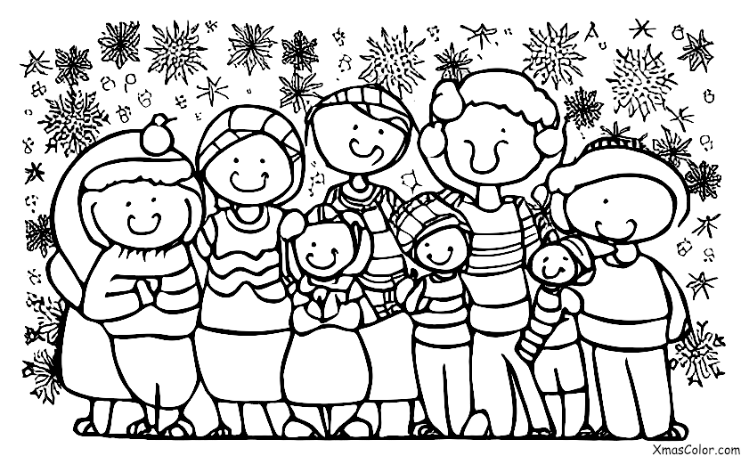 Navidad / Espíritu de Navidad: Una familia reunida en torno al árbol de Navidad, sonriente y feliz
