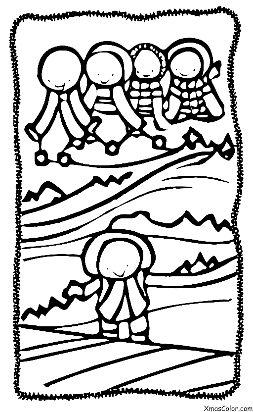 Navidad / Esquiar: Niños esquiando por una colina