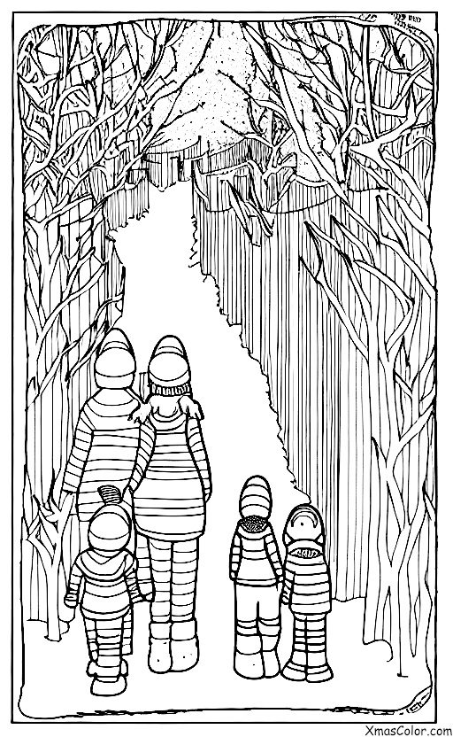 Navidad / Familia: Una familia camina a través de un paisaje invernal