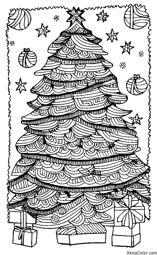 Navidad / Feliz Navidad: Un árbol de Navidad decorado con luces y adornos