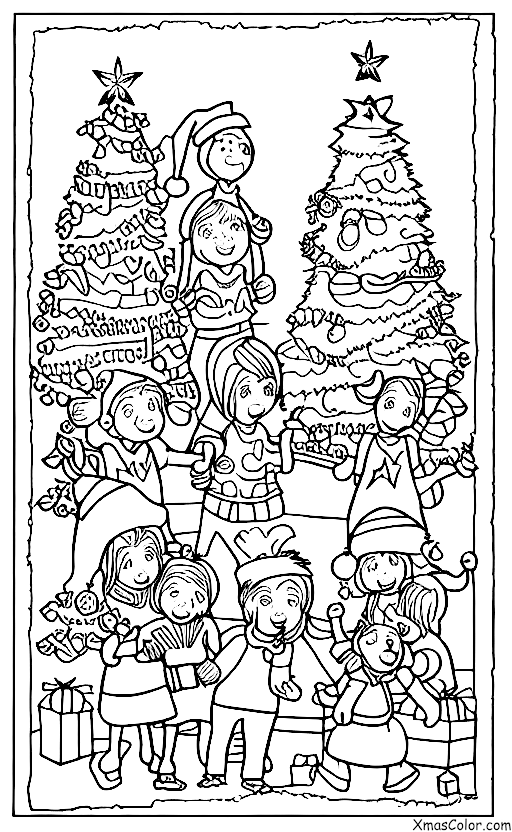 Navidad / Fiestas de Navidad: Amigos reunidos alrededor del árbol de Navidad