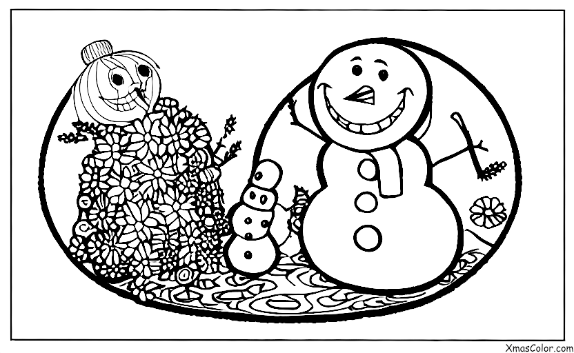 Navidad / Hombre de Nieve: El muñeco de nieve está olfateando las flores