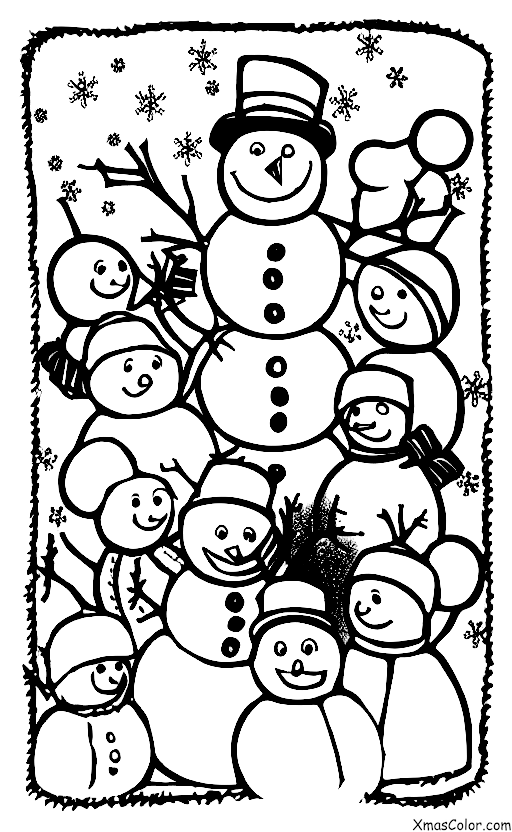 Navidad / Hombre de Nieve: Un muñeco de nieve rodeado de niños jugando en la nieve