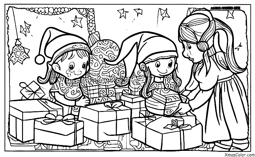 Navidad / Los elfos: Un elfo envuelve un regalo