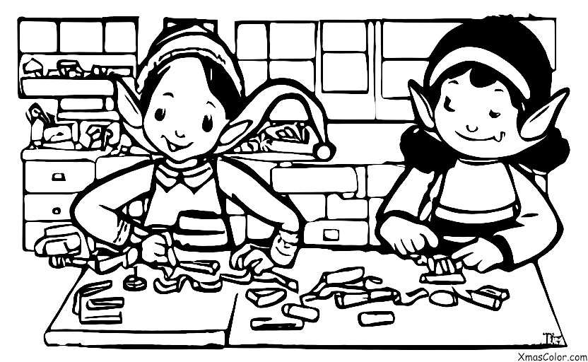 Navidad / Los elfos: Un elfo haciendo un juguete en el taller de Santa