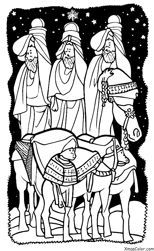 Navidad / Los Magos: Los tres Reyes Magos montados en sus camellos