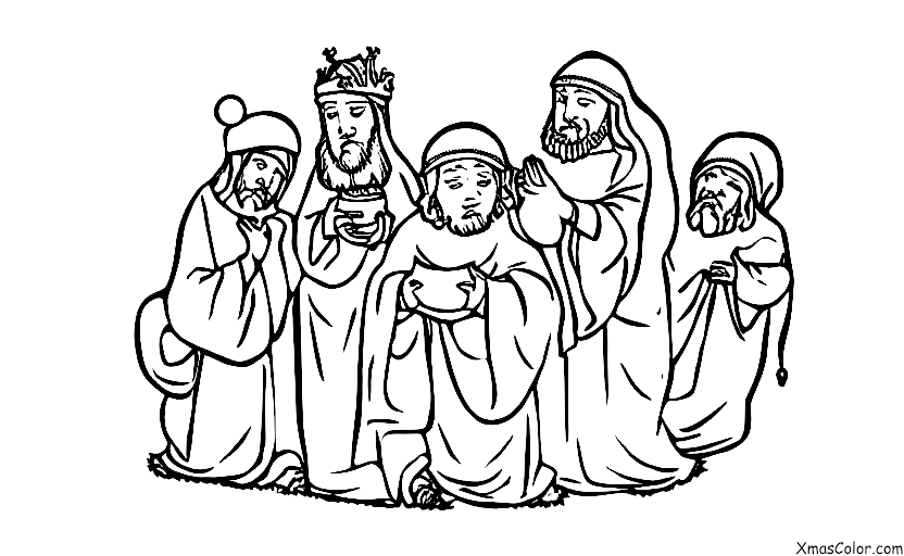 Navidad / Los Magos: Los tres Reyes Magos presentando sus regalos a Jesús