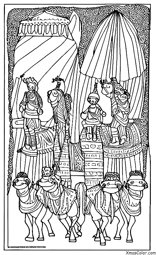 Navidad / Los Tres Reyes Magos: Los tres Reyes montados en sus camellos de regreso a casa